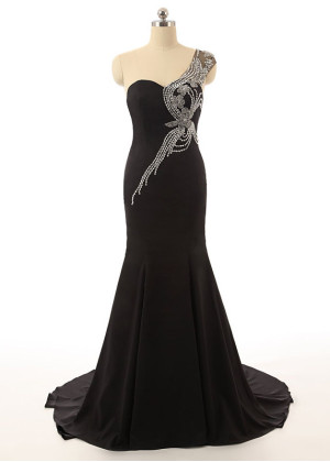 Black Chiffon Beaded One Shoulder Mermaid Long Prom Dress